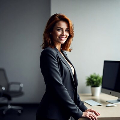 Redhead woman in office suit at desk