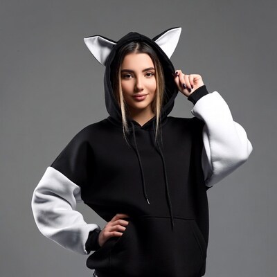 Woman in black and white cat ear hoodie