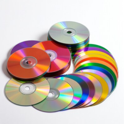 Colorful stack of CDs on white background