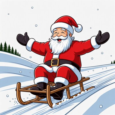 Santa Claus sledding down snowy hill