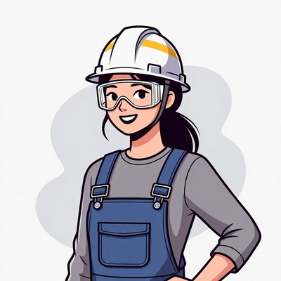Asian woman in hard hat and overalls