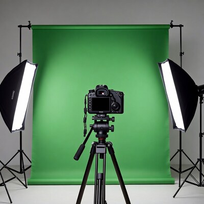 Camera on Tripod with Green Screen Studio