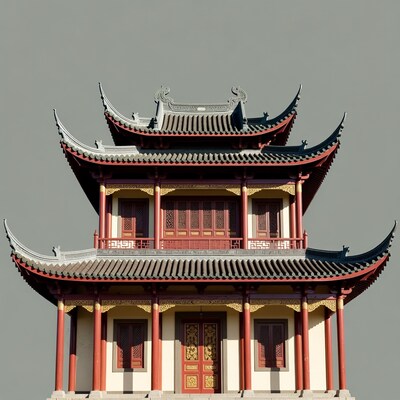 Traditional Chinese Pagoda on Gray Background