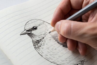 Hand drawing bird sketch on paper