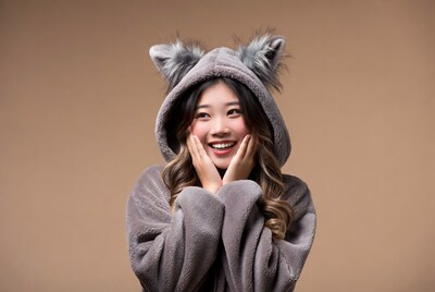 Asian woman in wolf hoodie smiling surprised