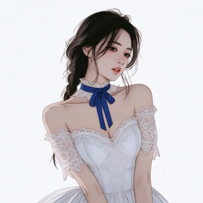 Asian woman in white lace dress with blue bow