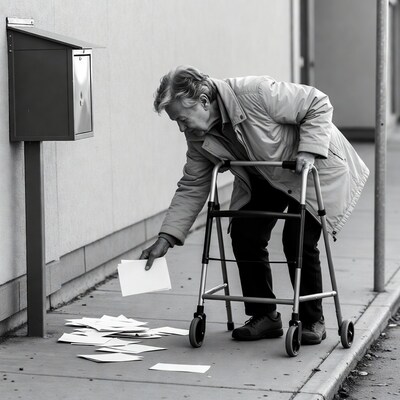 Elderly woman picking up dropped mail