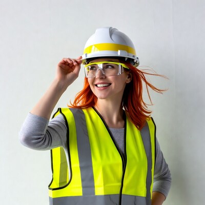 Redhead woman in hard hat and safety vest