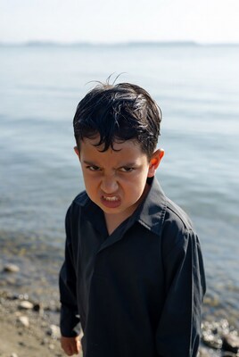 Angry boy by lakeshore