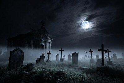 Moonlit Cemetery with Tombstones and Mausoleum
