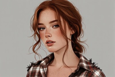 Redhead woman with freckles in plaid shirt