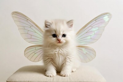 White kitten with fairy wings