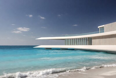 Modern white house over turquoise ocean