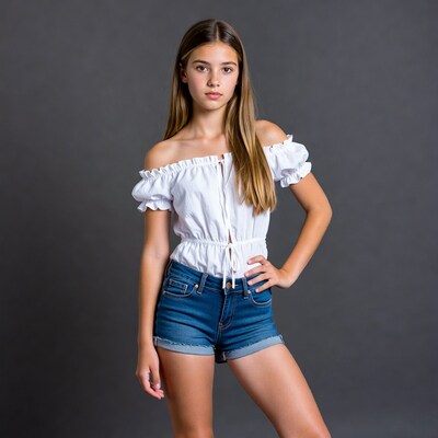 Teen girl in white off-shoulder top and denim shorts