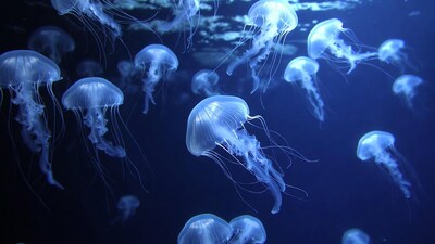 Swimming jellyfish in dark blue water