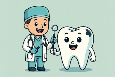 Dentist examining cartoon tooth