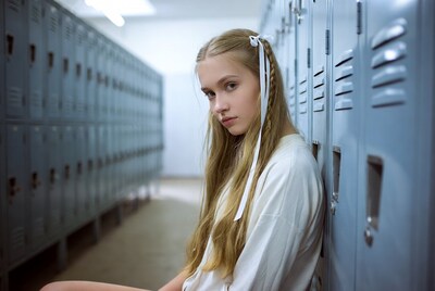 Blonde girl leaning against lockers