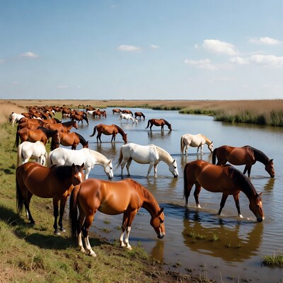Herd of horses drinking at river