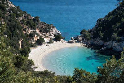 Turquoise cove beach surrounded by cliffs