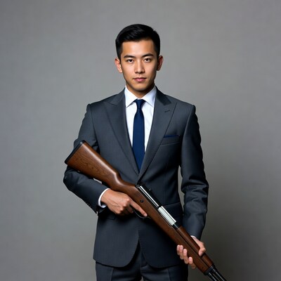 Asian man in suit holding shotgun