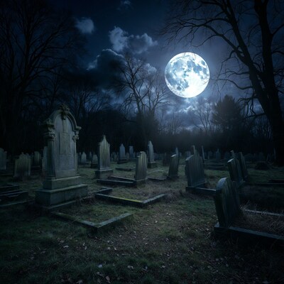 Moonlit Cemetery at Night