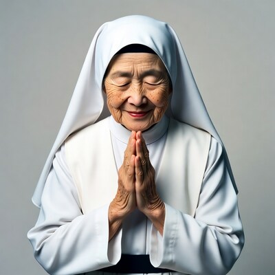 Elderly Asian nun praying hands