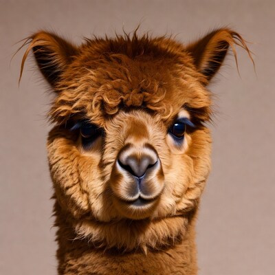 Closeup of fluffy brown alpaca face