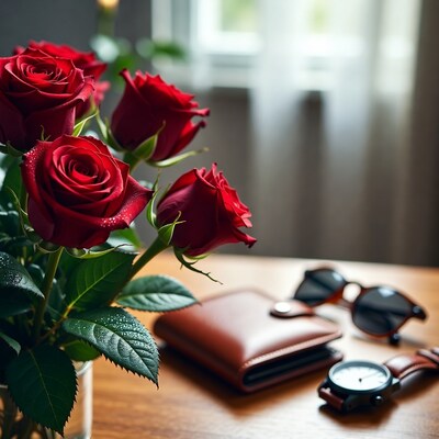 Red Roses with Wallet Sunglasses Watch