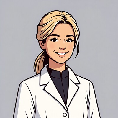 Blonde woman in white lab coat