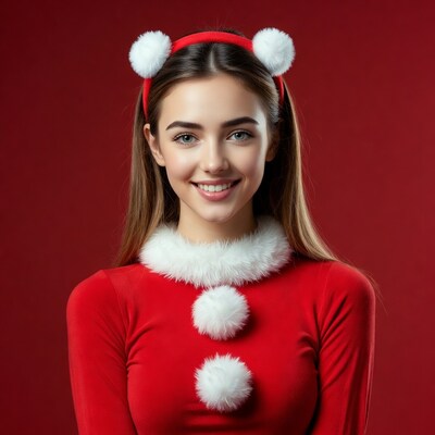 Woman in red Santa hat smiling