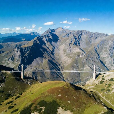 Suspension Bridge Over Alpine Mountains