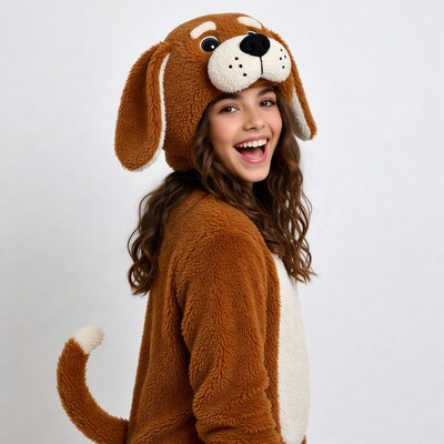 Girl in brown dog onesie costume