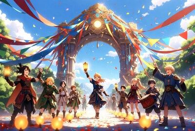 Anime children celebrating under colorful arch