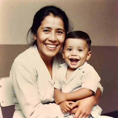 Asian mother hugging smiling toddler son