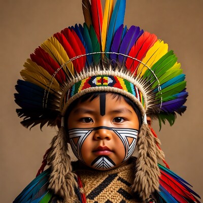 Indigenous boy in colorful feather headdress
