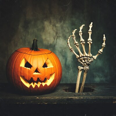 Jack-o-lantern with Skeleton Hand