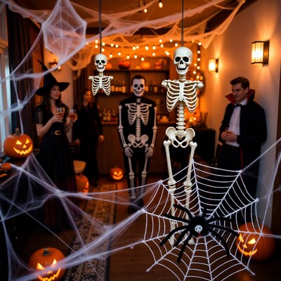 Halloween party with skeletons and guests