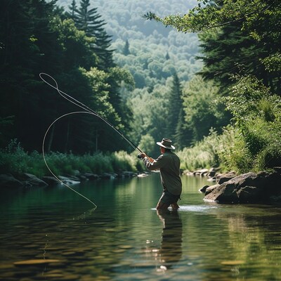 Man fly fishing in forest river