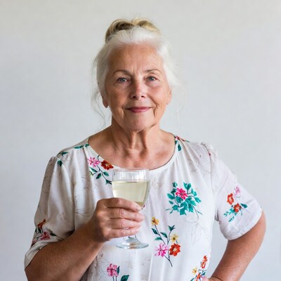Elderly woman holding wine glass