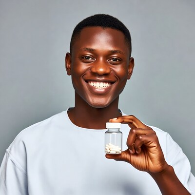 African-American man holding pill bottle