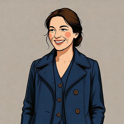 Smiling woman in blue trench coat illustration