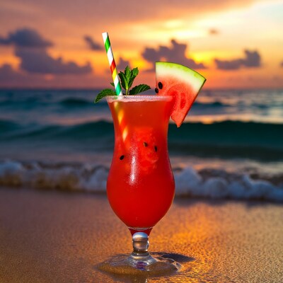 Watermelon cocktail on beach sunset