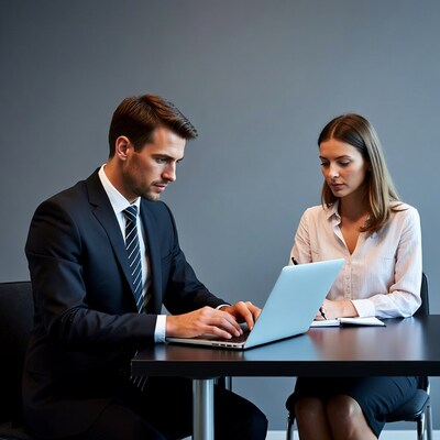 Businessman and woman working on laptop