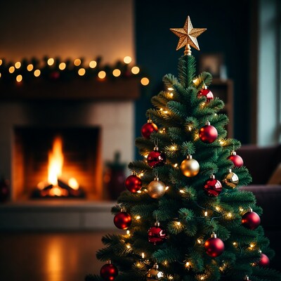 Small Christmas Tree by Fireplace