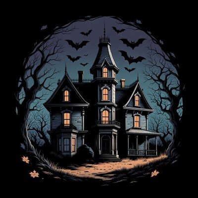Haunted Mansion with Bats and Trees