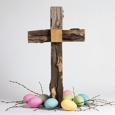 Wooden cross with Easter eggs