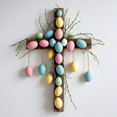 Easter Cross with Colored Eggs and Branches