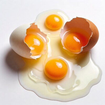 Broken eggs with yolks on white background