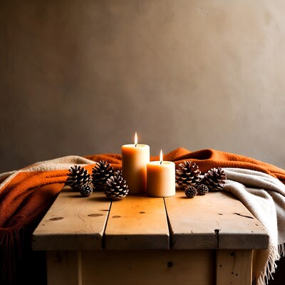 Candles Pinecones on Wooden Table