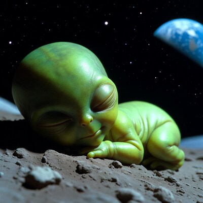 Sleeping baby alien on moon